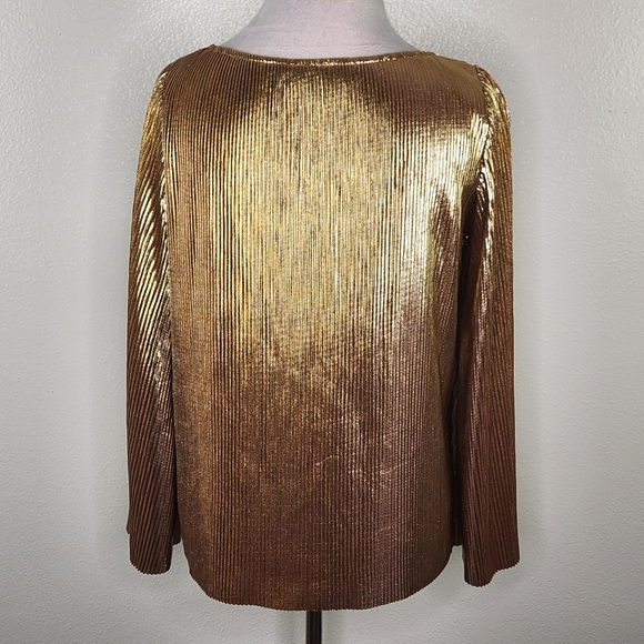 Jennifer Lopez Gold Metallic Bell Sleeve Pleated Blouse Size Small - Picture 7 of 9